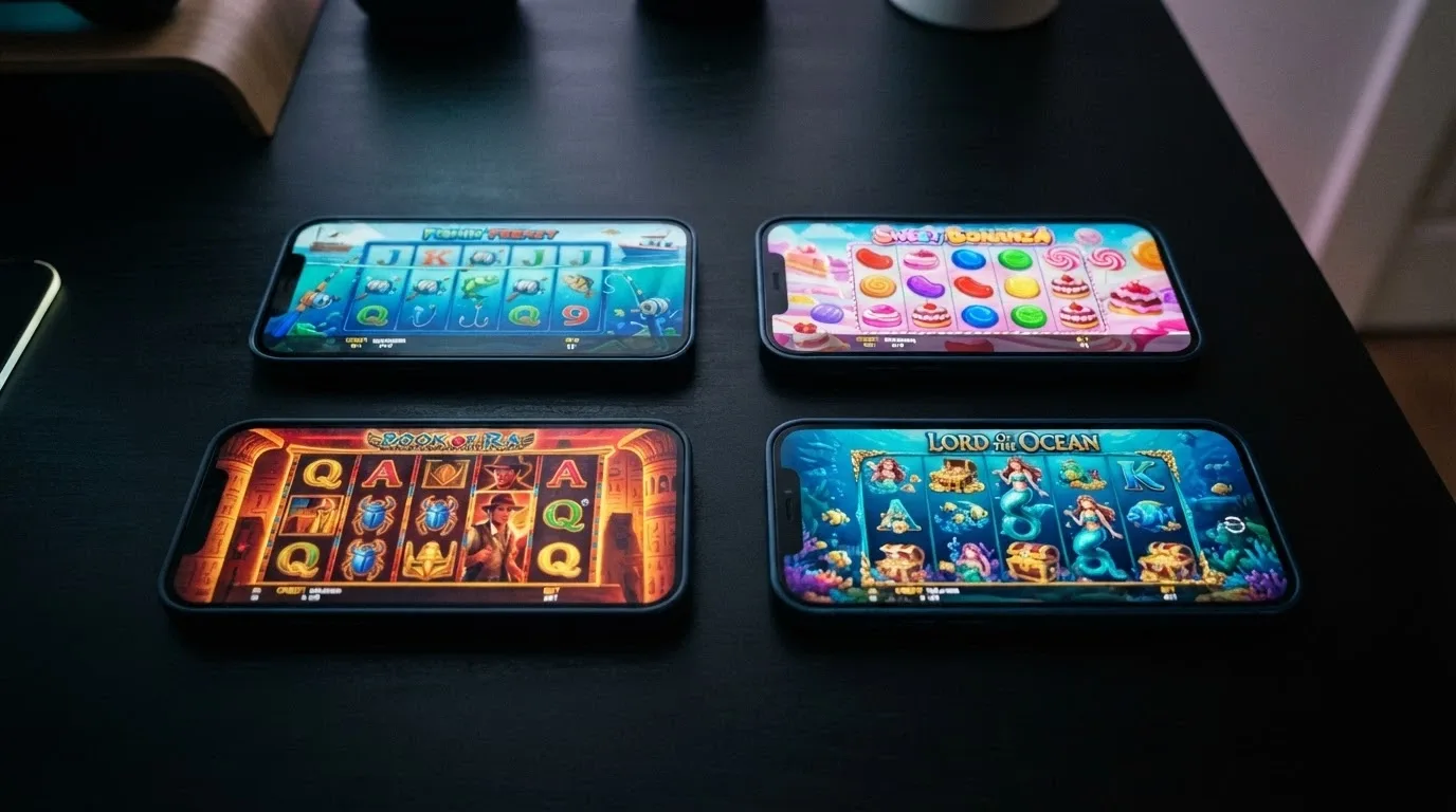 A grid of smartphone screens each showing a different online pokie game, arranged as a comparison spread on a dark desk
