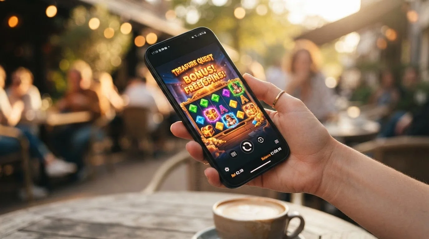 A Betsoft slot running in a smartphone browser held in one hand, with the HTML5 logo overlaid subtly in the corner