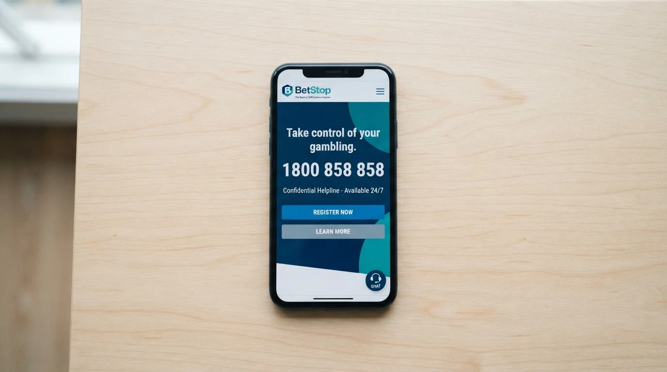 A smartphone displaying the BetStop national self-exclusion register homepage with the Gambling Help Online 1800 number and chat icon visible on screen