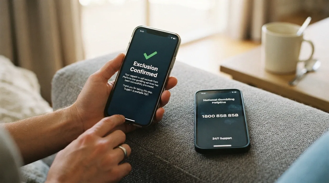 A betting app screen showing a self-exclusion confirmation next to a phone with the Gambling Helpline number (1800 858 858) displayed