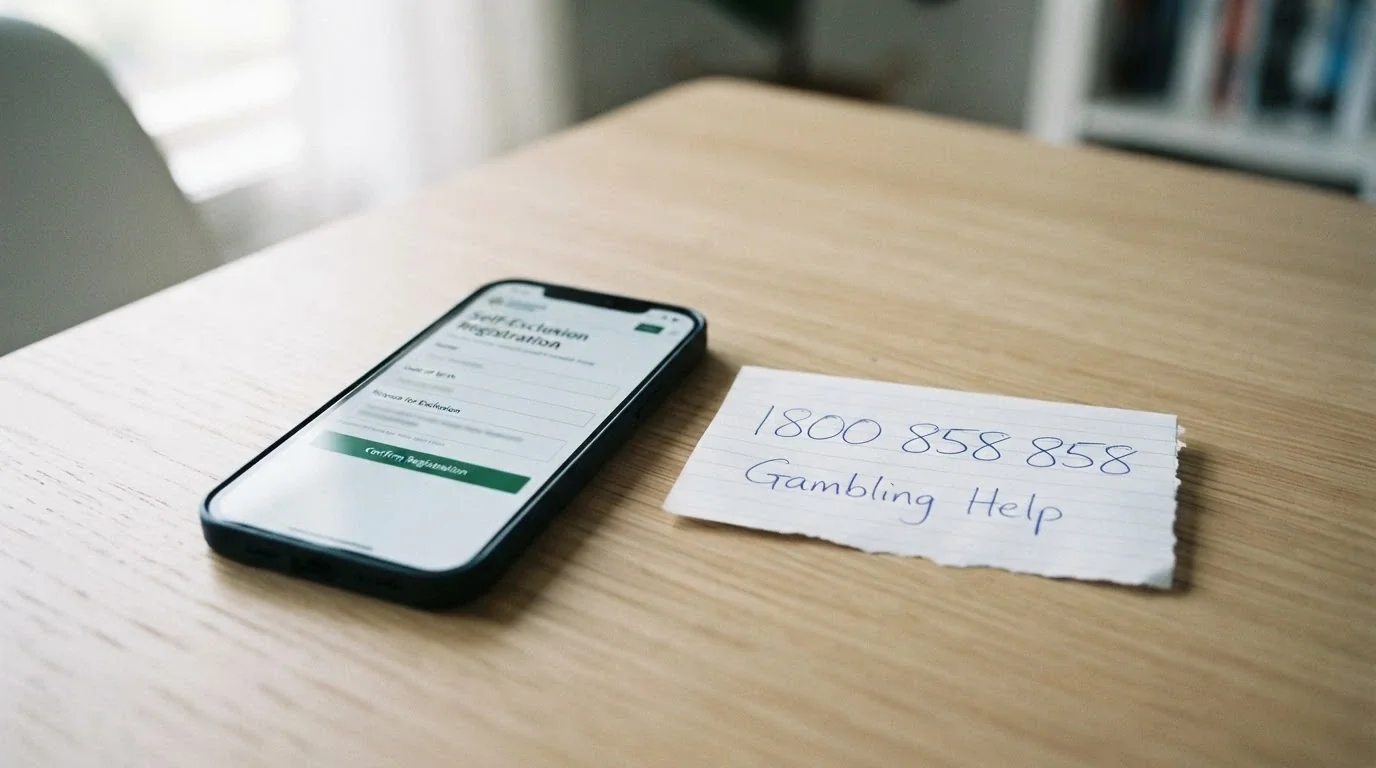 A phone displaying the BetStop registration screen beside a handwritten note with the National Gambling Helpline number 1800 858 858