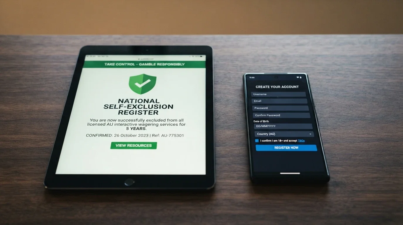 A split visual contrasting the BetStop register interface (licensed, protective) with an offshore casino sign-up screen (no exclusion check, no Australian safeguards)