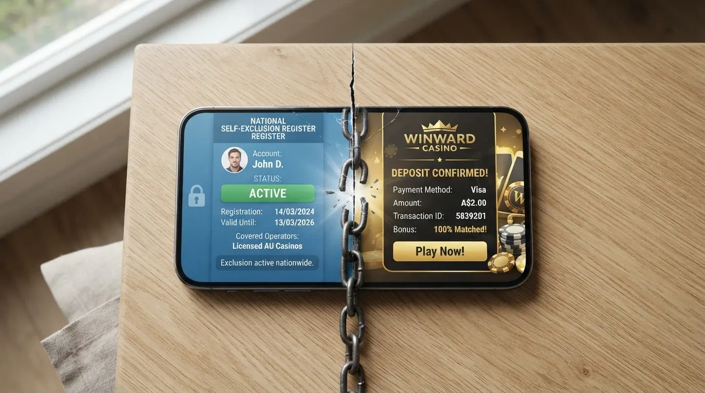 A smartphone showing the BetStop registration screen on one side and an offshore casino deposit confirmation on the other, with a broken chain graphic between them