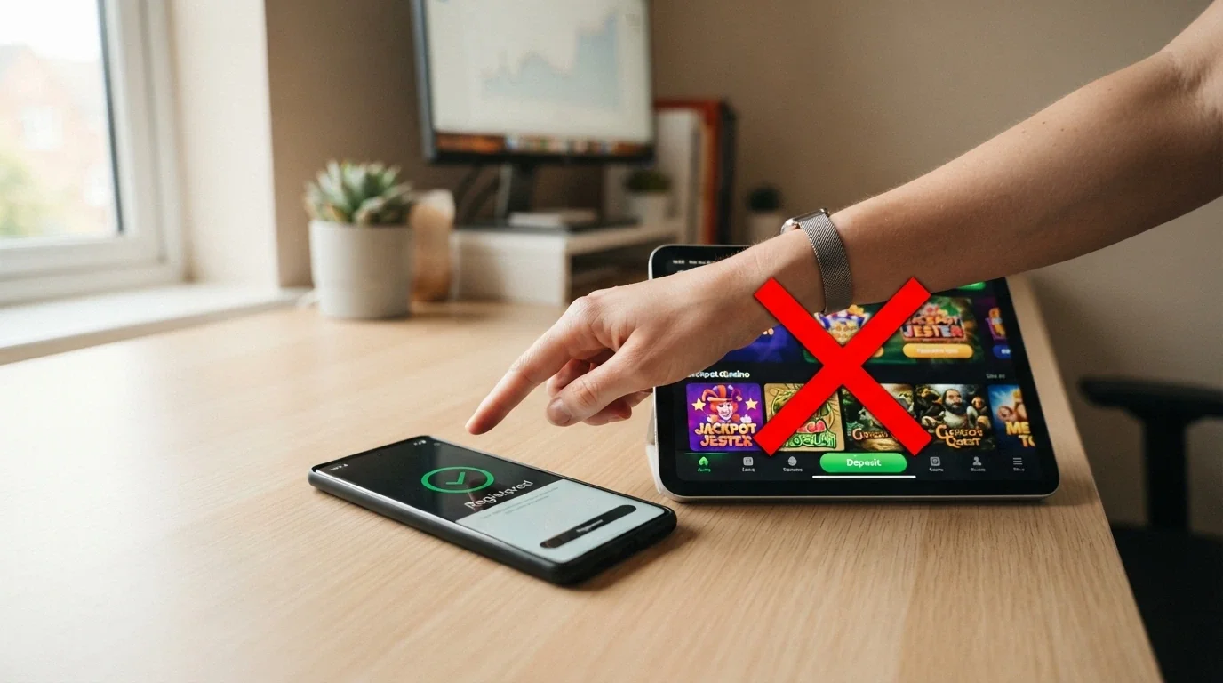 A split visual: on the left, a phone screen showing the BetStop registration confirmation with a green tick; on the right, a red X over an offshore casino deposit screen that still accepts the same user's SOL