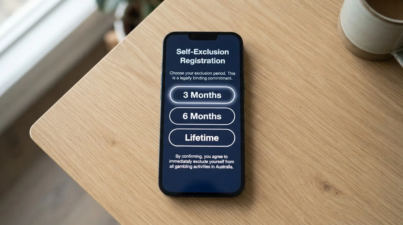 A BetStop registration dashboard showing self-exclusion period options from 3 months to lifetime