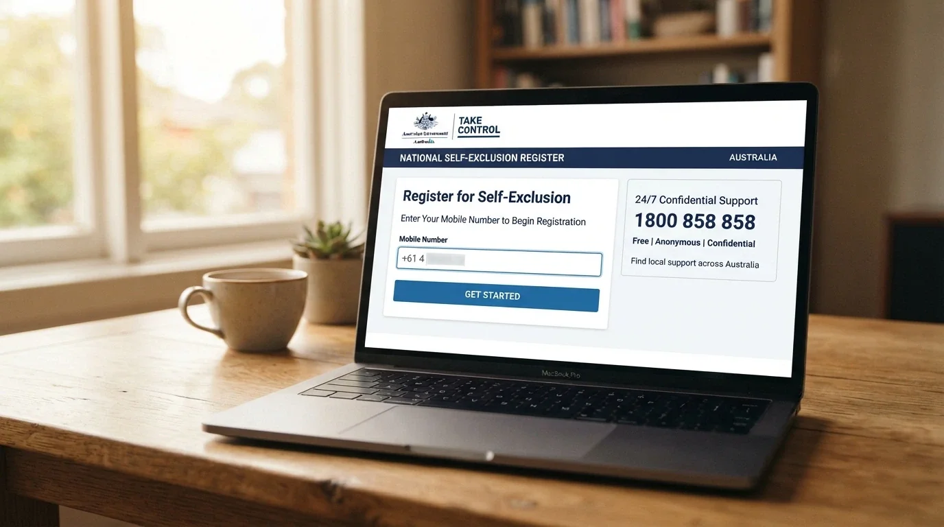 The BetStop.gov.au homepage with the National Self-Exclusion Register sign-up panel and helpline number visible