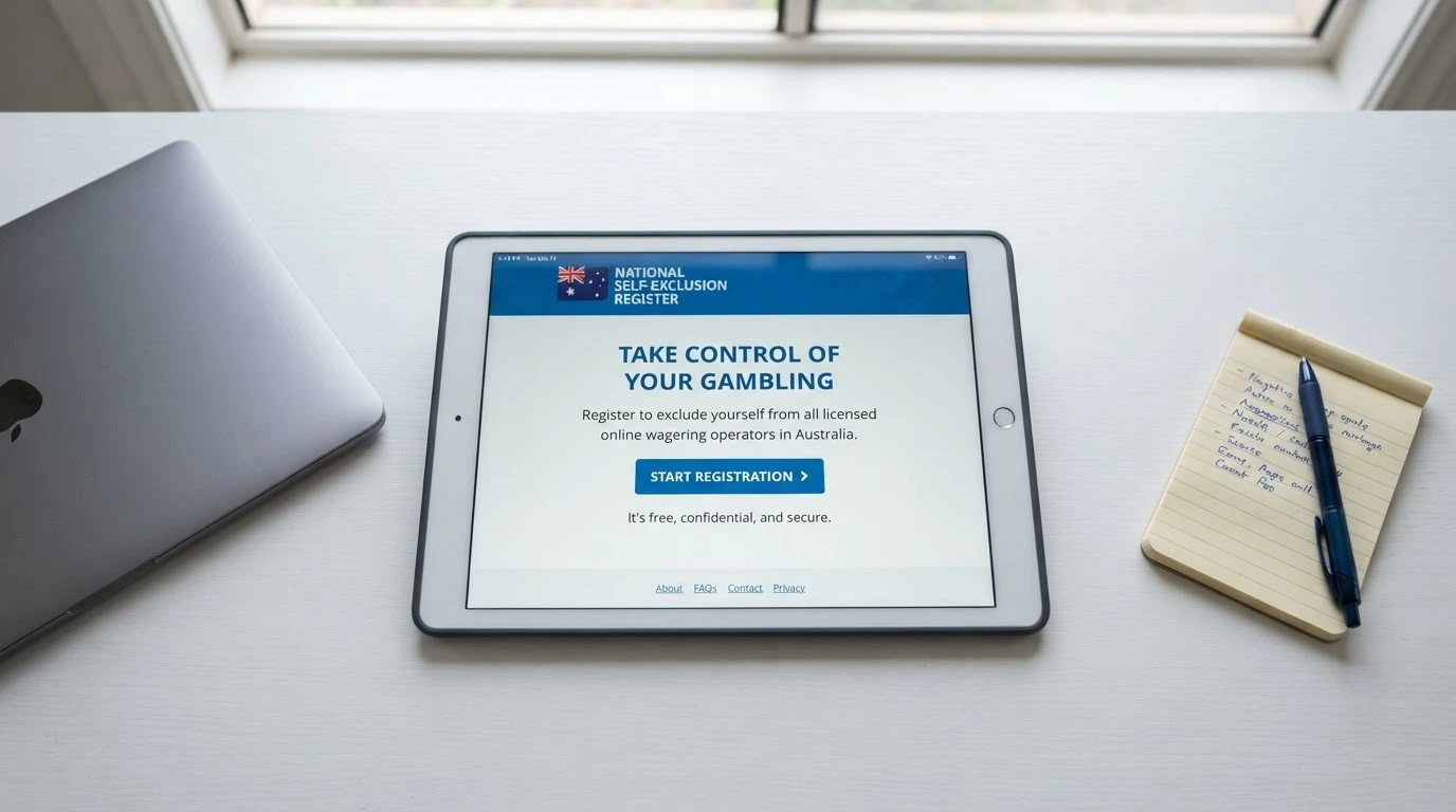 The BetStop registration landing page on a device screen, the national self-exclusion register logo and sign-up prompt visible