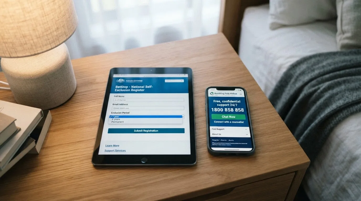 A screen showing the BetStop National Self-Exclusion Register registration interface with the key fields visible — name, email, exclusion period selector — on a device next to a phone showing the Gambling Help Online homepage