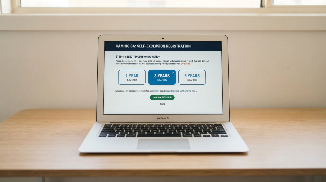 A BetStop registration screen on a laptop, with the self-exclusion duration options visible — 3 months, 6 months, lifetime.