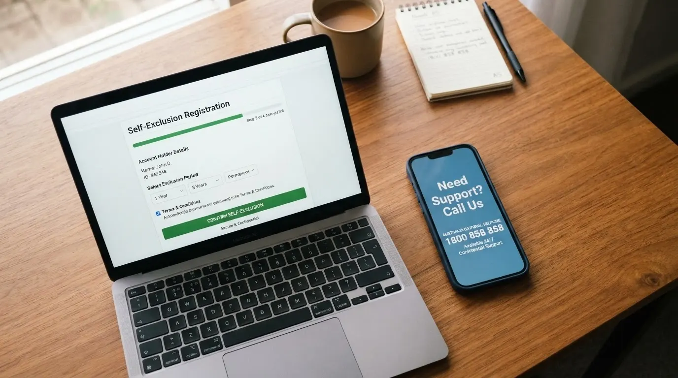 A BetStop registration screen on a laptop next to a phone displaying the National Gambling Helpline number 1800 858 858