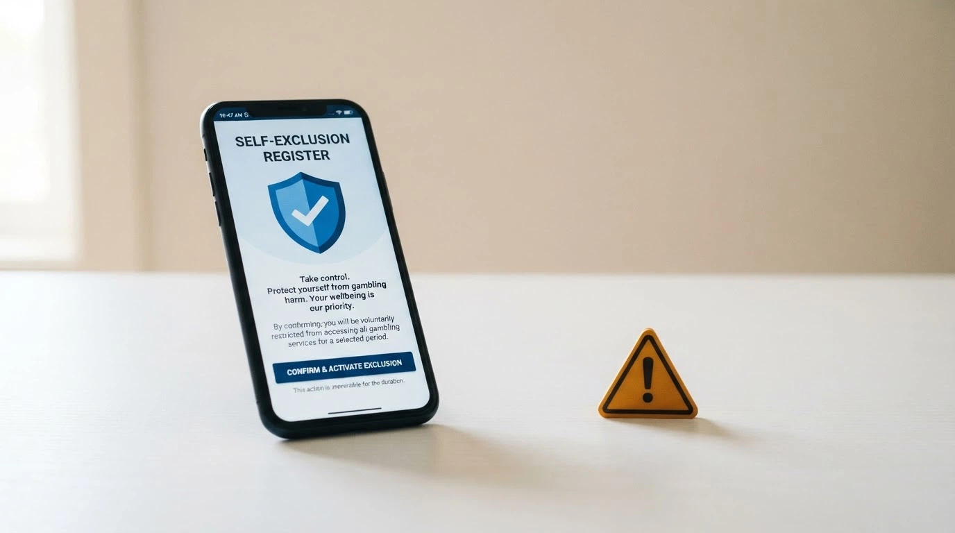 A smartphone screen showing the BetStop National Self-Exclusion Register landing page beside a warning icon over an offshore casino logo