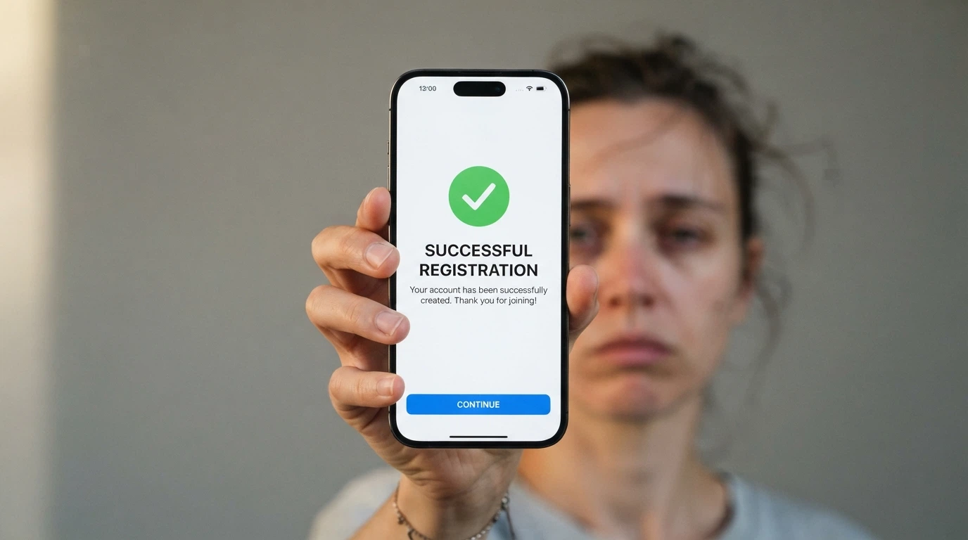 A smartphone screen displaying the BetStop registration confirmation page, held in a hand with the screen facing the camera, a concerned expression visible in the background reflection