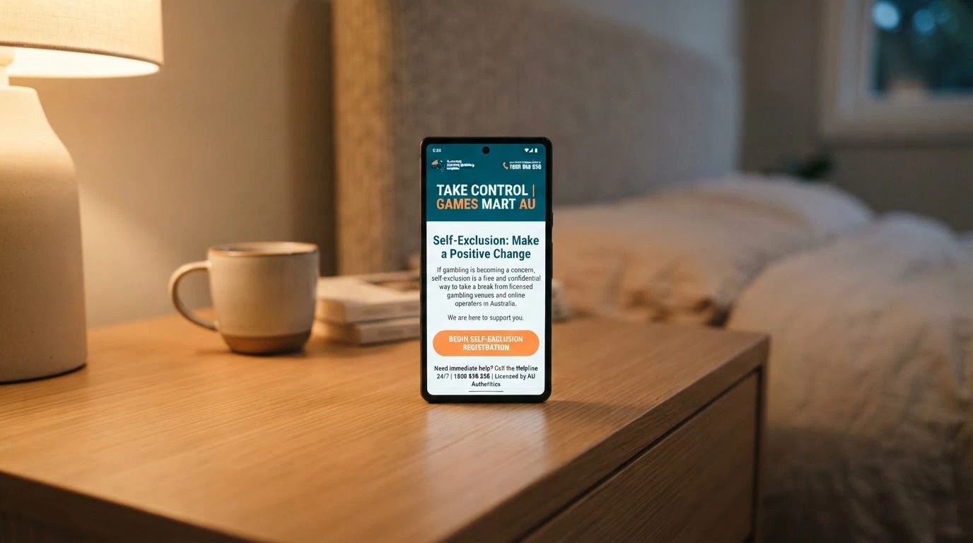 A smartphone displaying the BetStop registration landing page, with the National Self-Exclusion Register logo and a “Register now” button visible