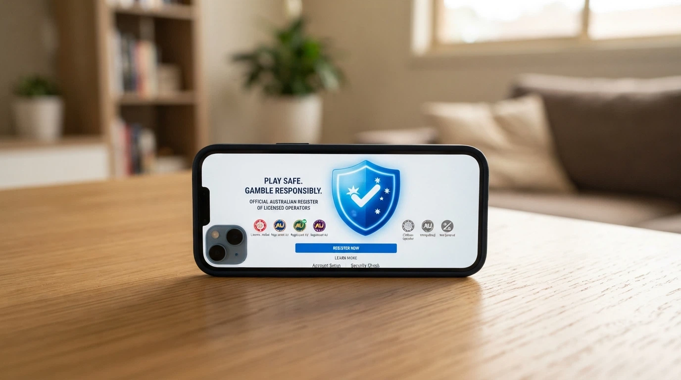 A smartphone screen showing the BetStop registration interface with a shield icon covering Australian-licensed operators while offshore casino icons sit outside the shield