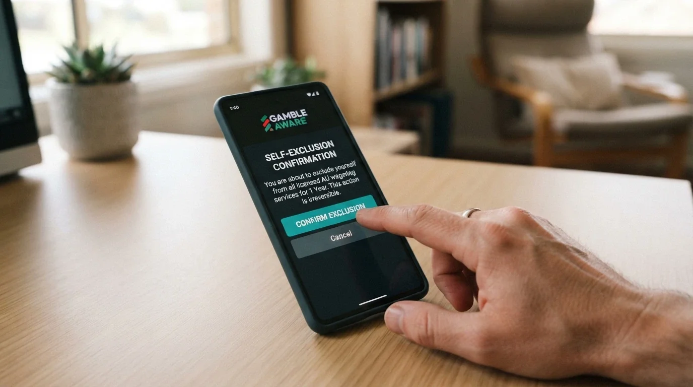 A smartphone screen showing the BetStop National Self-Exclusion Register landing page, with a finger hovering over the register button
