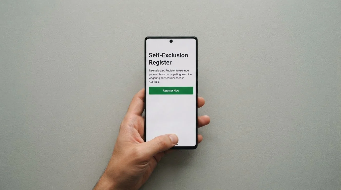 A smartphone screen showing the BetStop National Self-Exclusion Register homepage with a prominent Register Now button