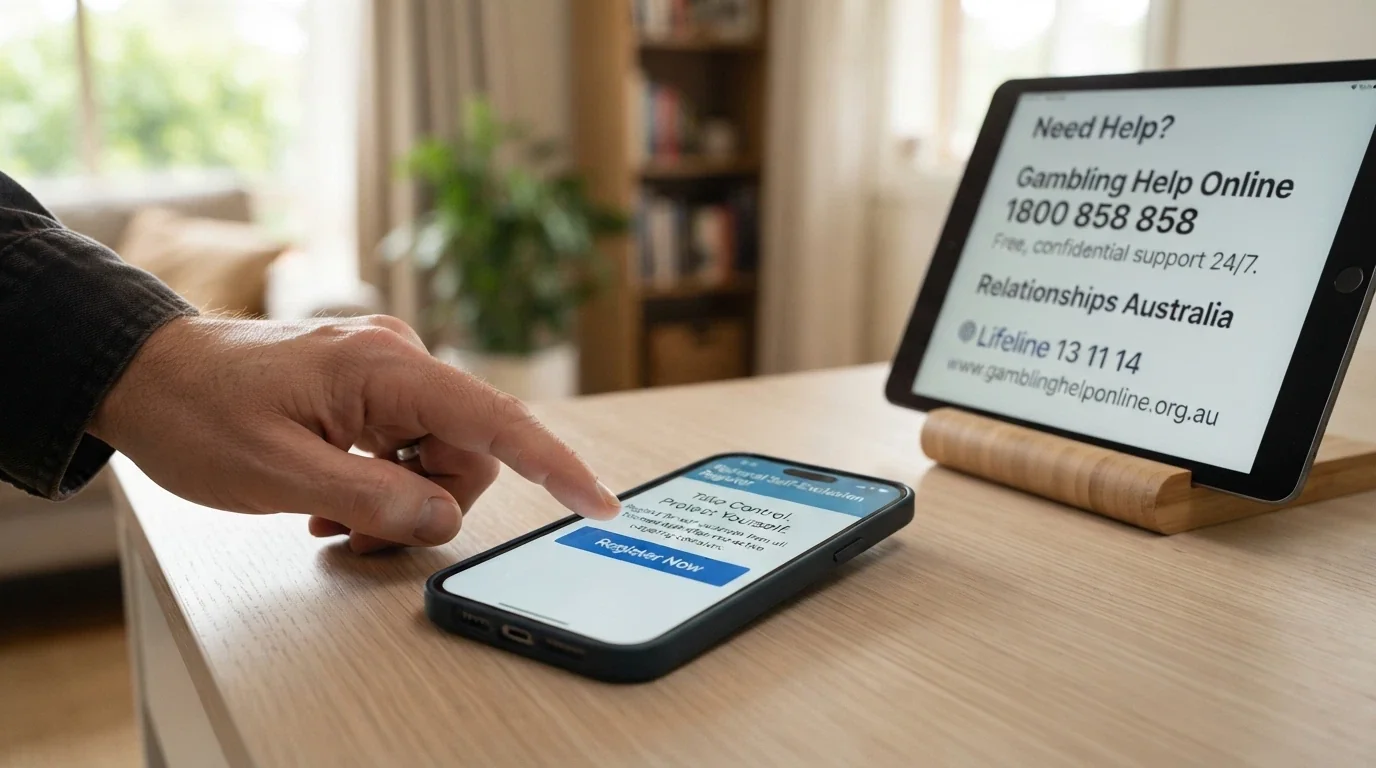 A screen showing the BetStop National Self-Exclusion Register homepage (betstop.gov.au) with a registration button visible, beside a smartphone showing gambling help resources