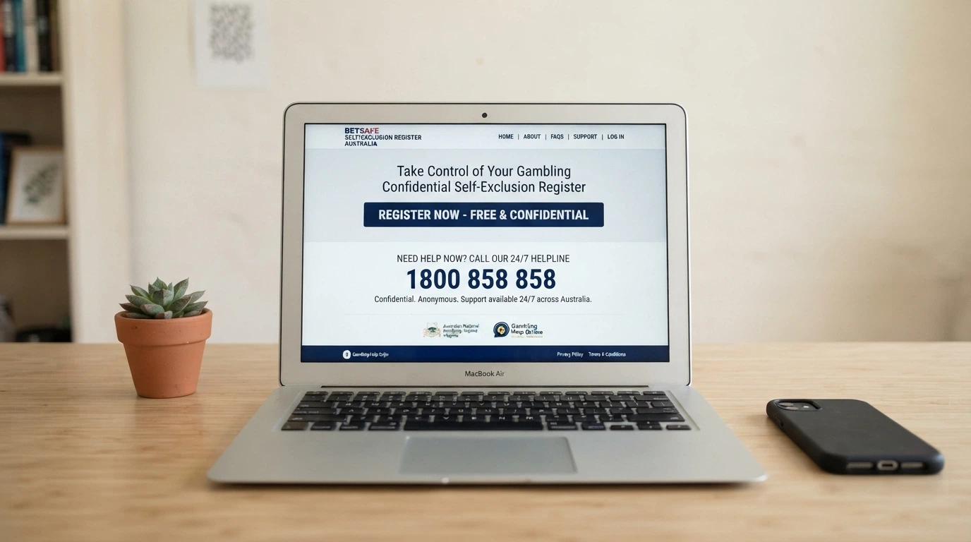 The BetStop National Self-Exclusion Register homepage on a laptop screen, with the registration button and 1800 858 858 helpline number visible