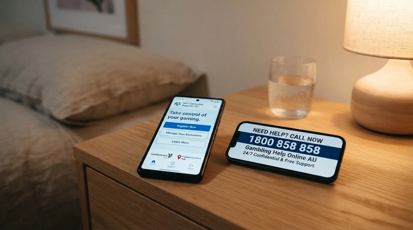 A smartphone showing the BetStop National Self-Exclusion Register homepage (betstop.gov.au) next to a handset with the number 1800 858 858 displayed on screen
