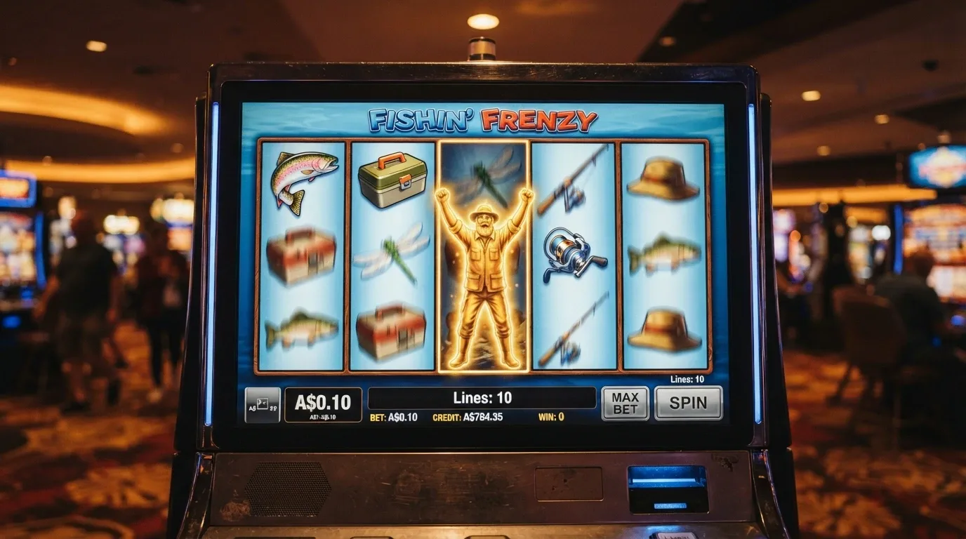 The Big Bass Bonanza 5×3 grid in mid-spin, the fisherman wild visible on reel three, Australian-dollar coin values on the betting panel