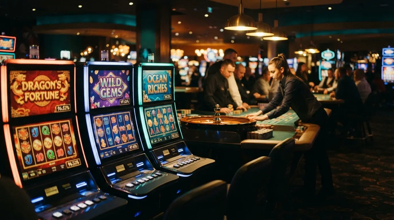 A pokies grid with RTP percentages overlaid on game thumbnails beside a live-dealer roulette table with a dealer mid-spin