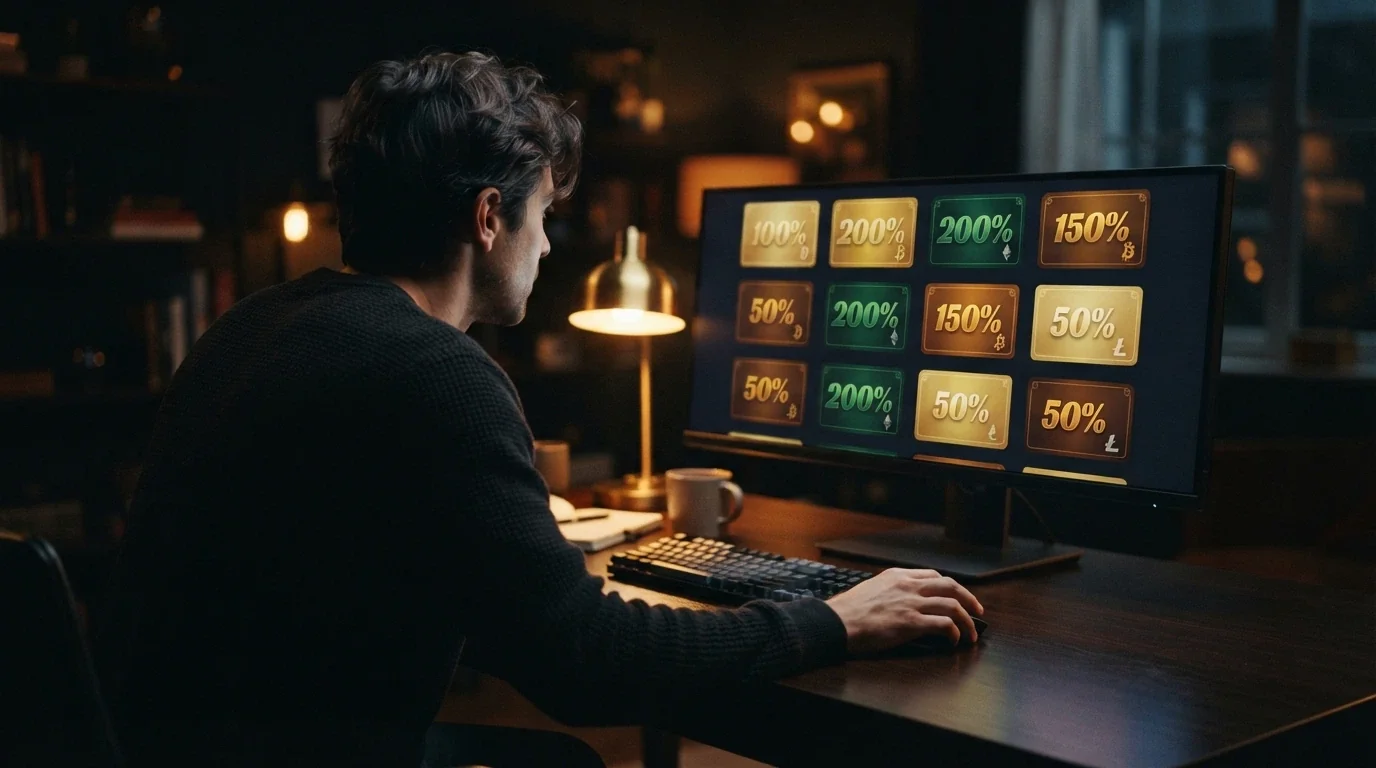 A grid of casino-brand cards arranged across a dark background, each showing a welcome-bonus badge and a crypto deposit symbol