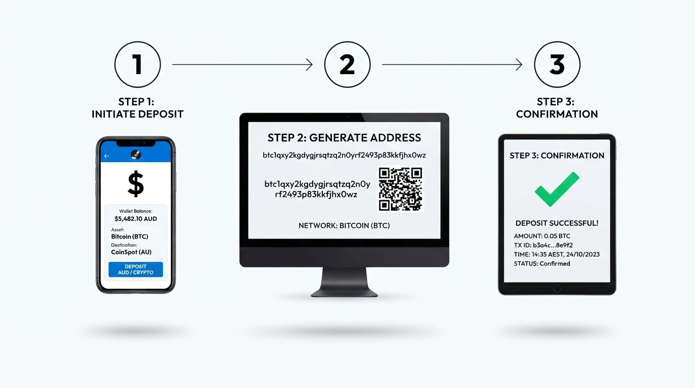 A diagram showing the three-step deposit flow: AU exchange wallet, casino wallet address, on-chain confirmation screen