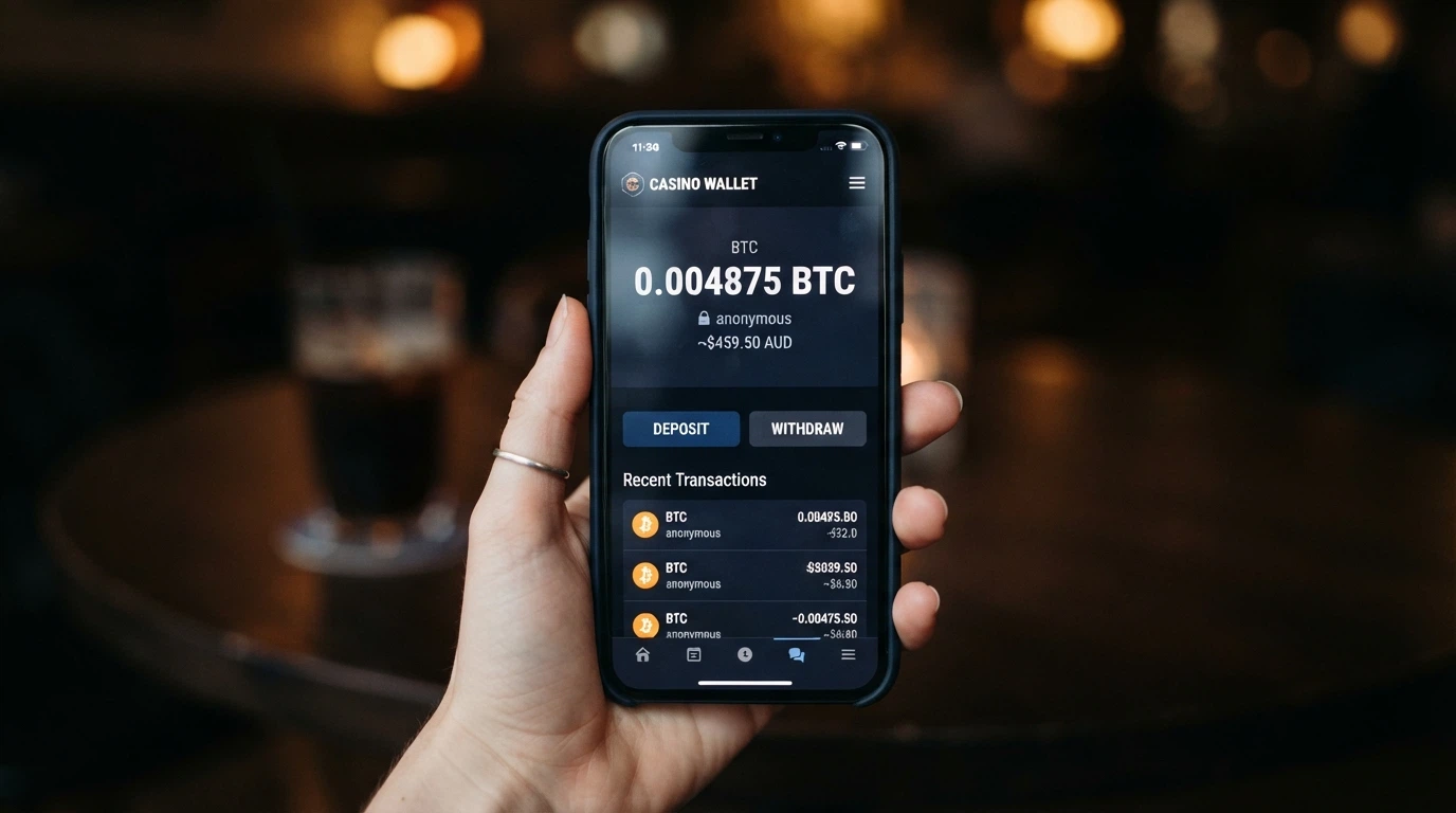 A smartphone displaying a casino balance denominated in BTC (e.g. “0.00100000 BTC”), with a padlock icon and the word “anonymous” visible in the interface