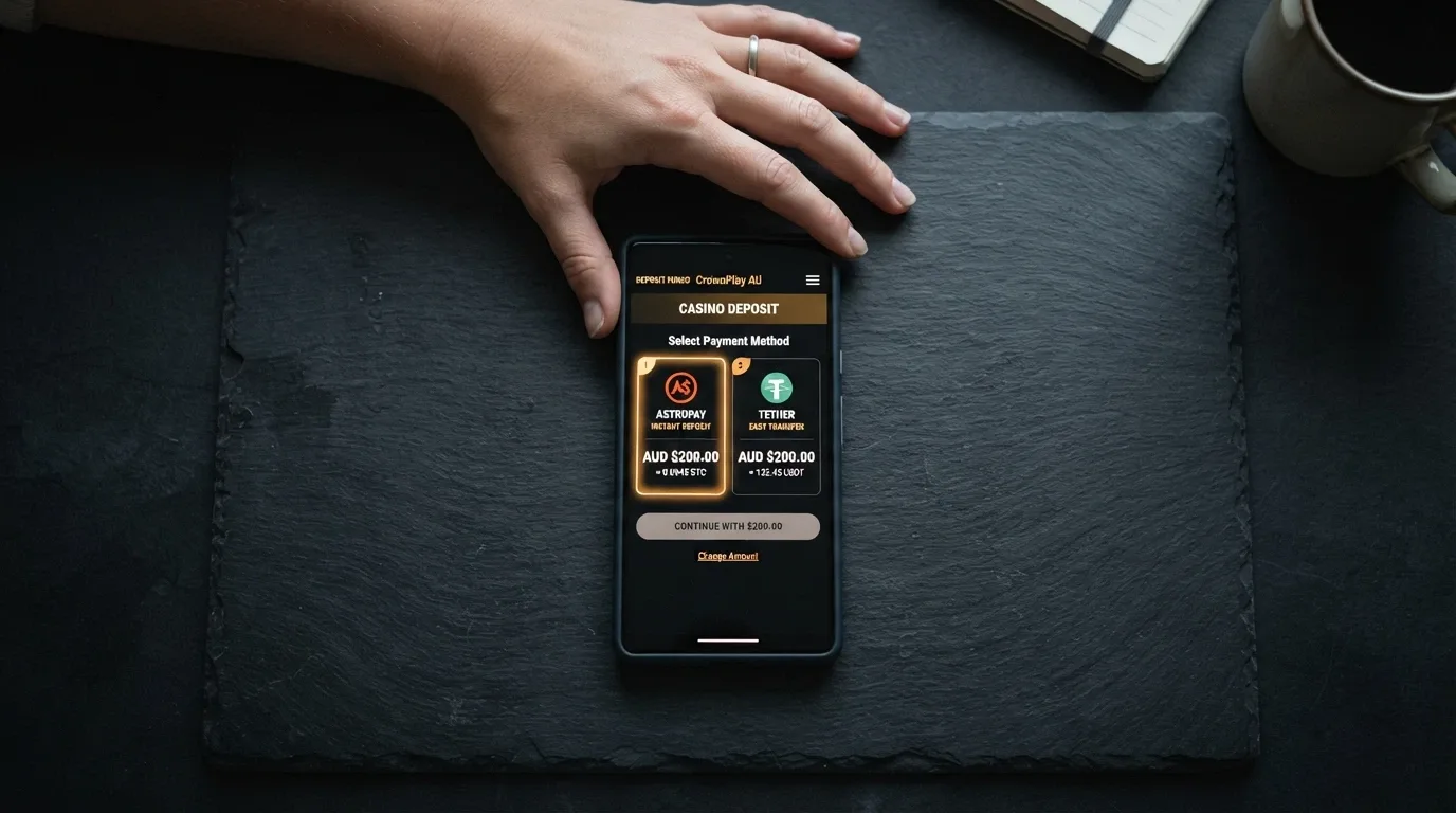 A smartphone showing a casino deposit screen with Bitcoin and USDT options selected, an AUD amount displayed beside the crypto equivalent