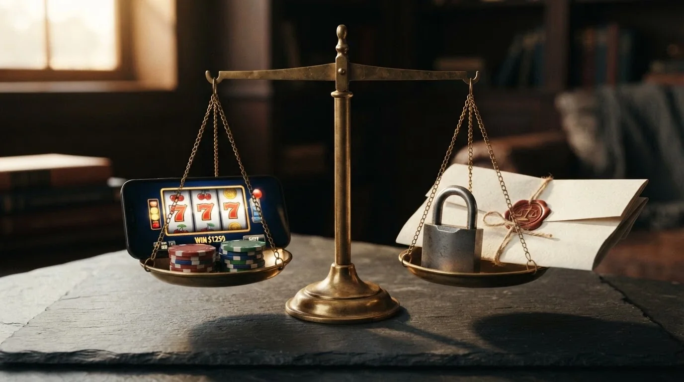 A balanced visual scale weighing RTP advantage and speed on one side against missing protections and ACMA risk on the other