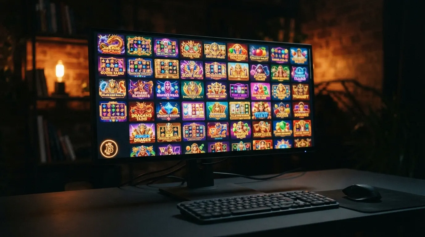 A grid of colourful online pokies title cards with Bitcoin symbols in the corner, arranged to show scale and variety