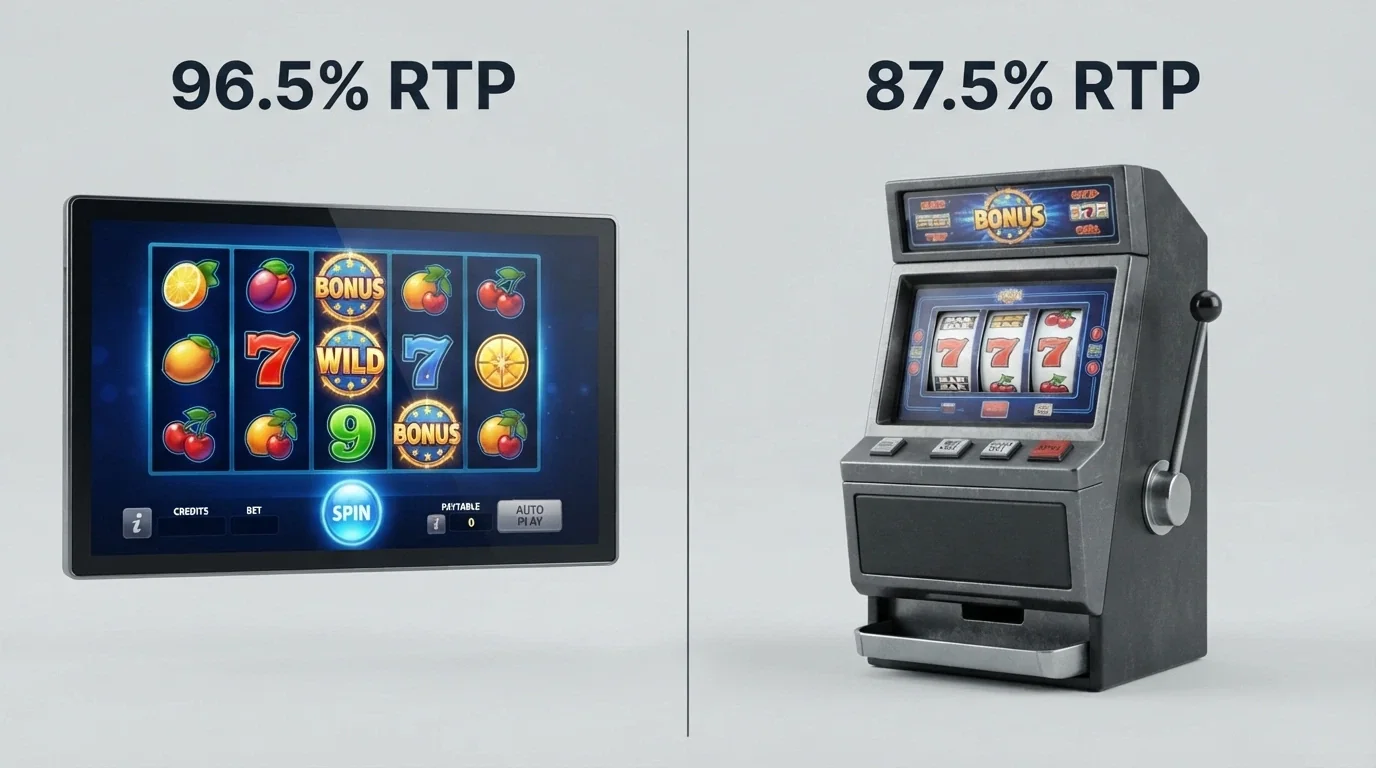 A split-screen comparison showing an online pokie interface on one side and a pub pokie machine on the other, with RTP percentages overlaid