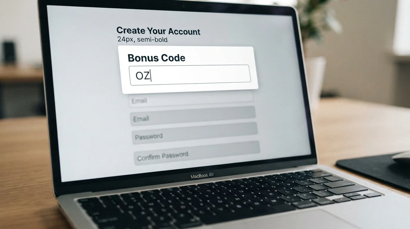 A casino registration or cashier screen with a clearly marked “Bonus Code” entry field, a cursor hovering over it, with a code partially typed in