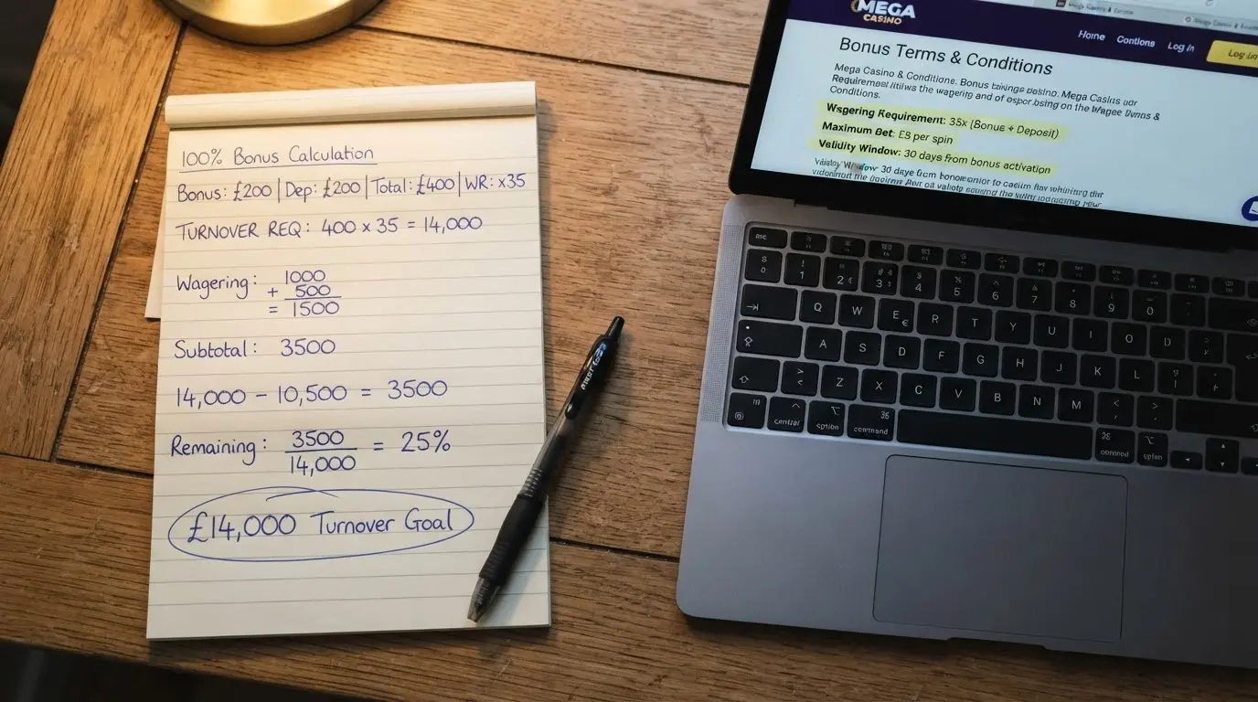 A notepad with turnover calculations written beside a laptop screen showing a casino bonus terms page with the wagering requirement, max bet and validity window highlighted