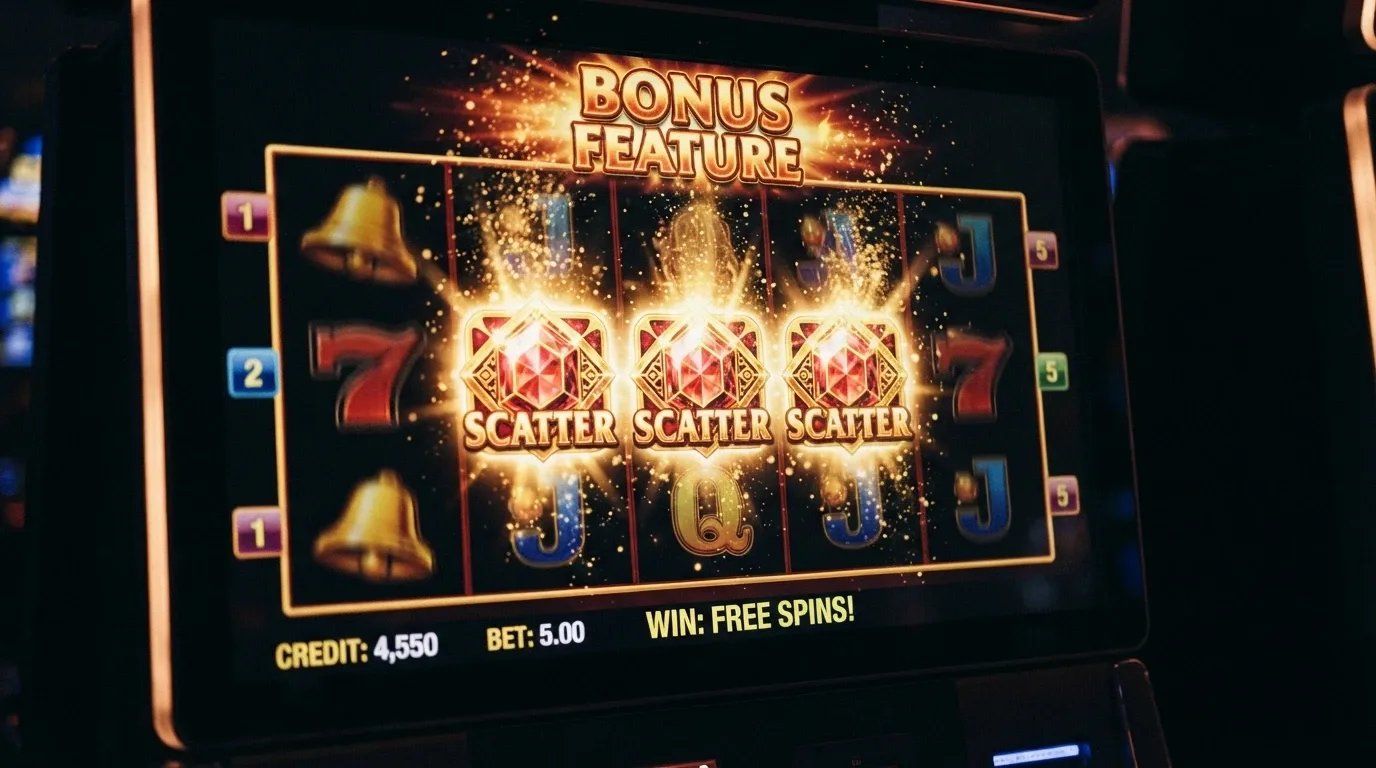 Three scatter symbols landing on reels 2, 3 and 4 of a 5-reel slot, the bonus-round overlay beginning to animate