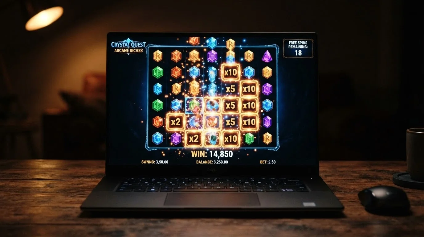 A 7-reel slot bonus round in progress with free-spins remaining count displayed and multiplier positions lit across the grid