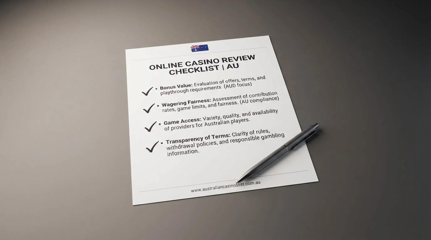 A checklist-style document with items for bonus value, wagering fairness, game access and transparency of terms