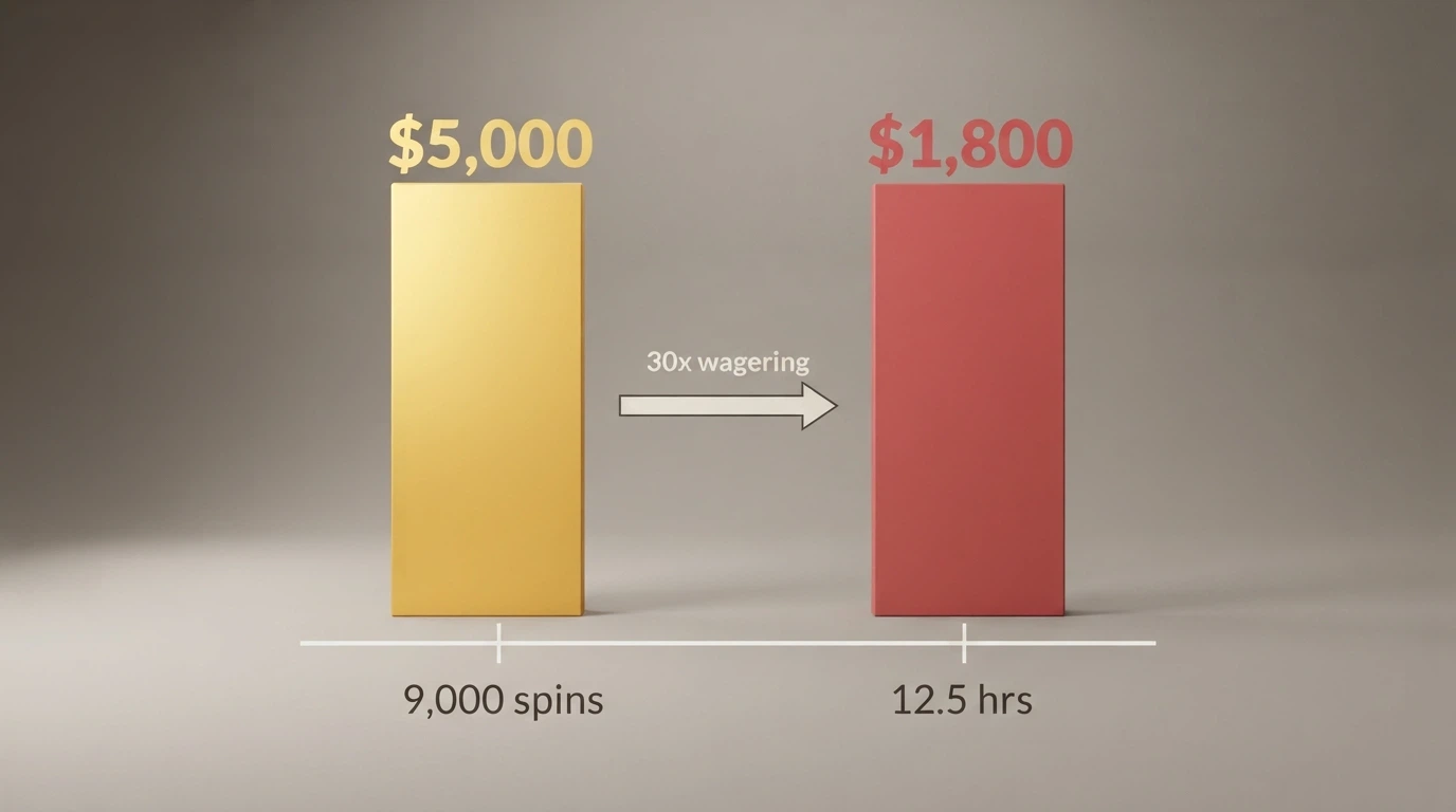 A visual breakdown of a welcome bonus package: the advertised AU$5,000 figure alongside the real turnover obligation calculated from 30x–40x wagering
