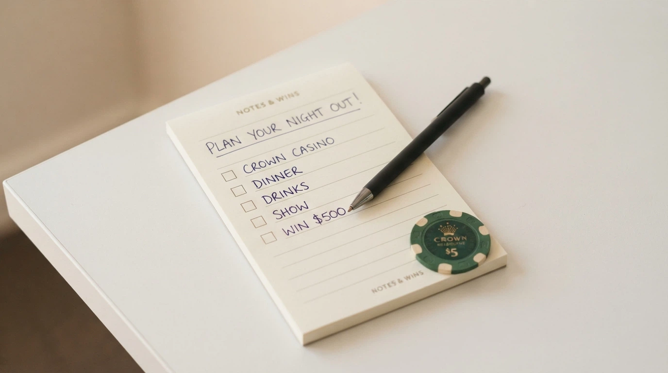 A notepad with a handwritten checklist — wagering, cashout cap, deposit trigger, expiry, licence — next to a calculator showing a small net figure