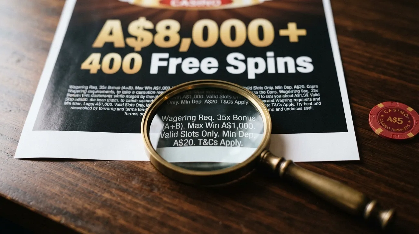 A welcome-offer banner with “A$8,000 + 400 Free Spins” in large text, beside a magnifying glass highlighting the smaller wagering-requirement fine print underneath