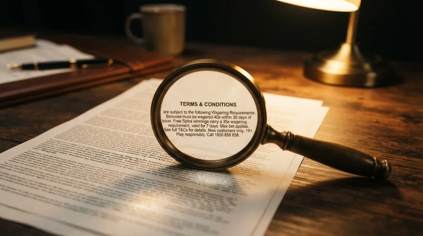 A magnifying glass over a casino bonus terms page highlighting the wagering requirement and validity period