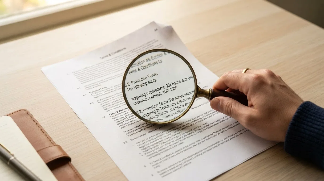 A printed terms-and-conditions document with a magnifying glass hovering over a paragraph, the words “wagering requirement” and “maximum cashout” visible in the lens