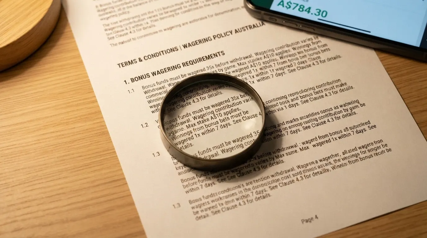 A close-up of bonus terms and conditions text with a magnifying glass hovering over the wagering-requirement line, an Australian-dollar balance visible in the corner