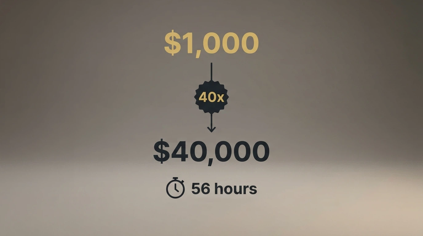 A visual breakdown of a AU$1,000 welcome bonus with a 40x wagering requirement, showing the AU$40,000 turnover obligation and the hours-to-clear calculation