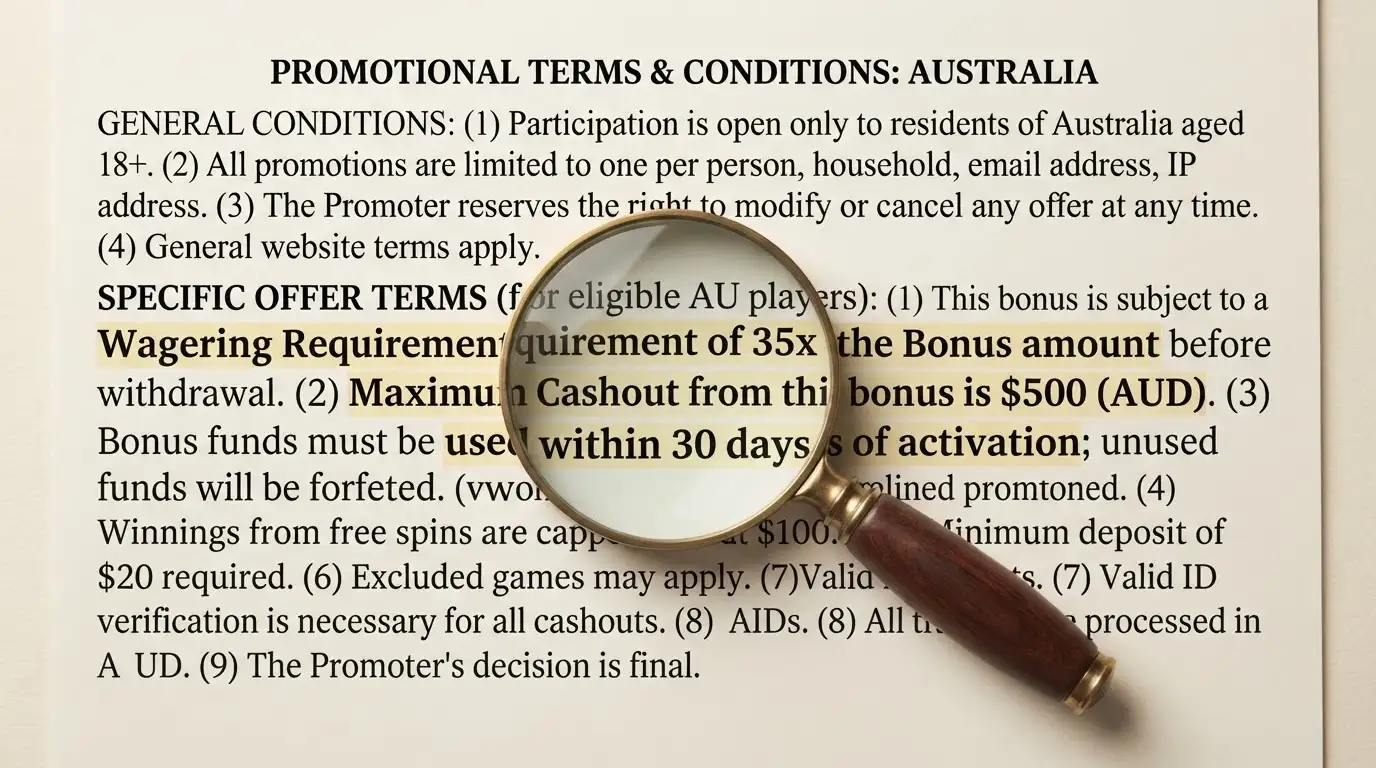 A magnifying glass over a bonus terms block, with the wagering multiple, max cashout and time limit highlighted