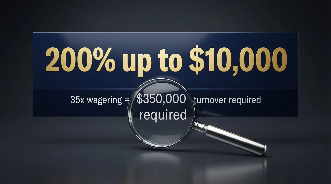 A big bold “200% up to $10,000” banner with a magnifying glass over the fine print beneath it revealing “35x wagering = $350,000 turnover required”