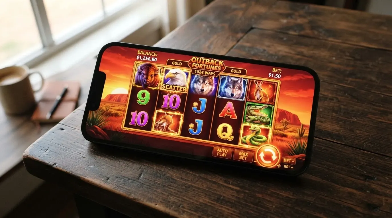 The Buffalo online pokie interface showing the 5×4 grid with 1,024 ways to win, the sunset-outback backdrop and the Xtra Reel Power logo