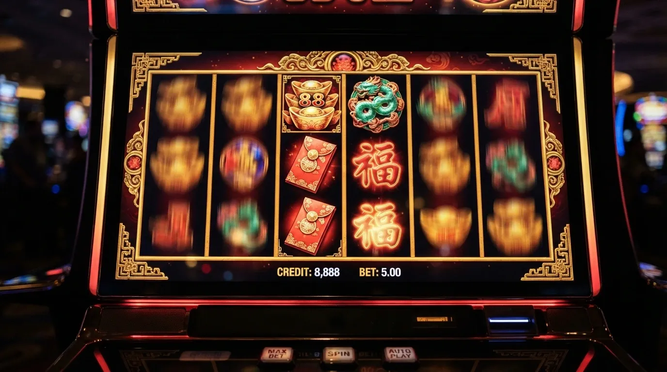 Caishen's Gold slot reels in play — 6 reels, Chinese-themed symbols, gold frames around the grid