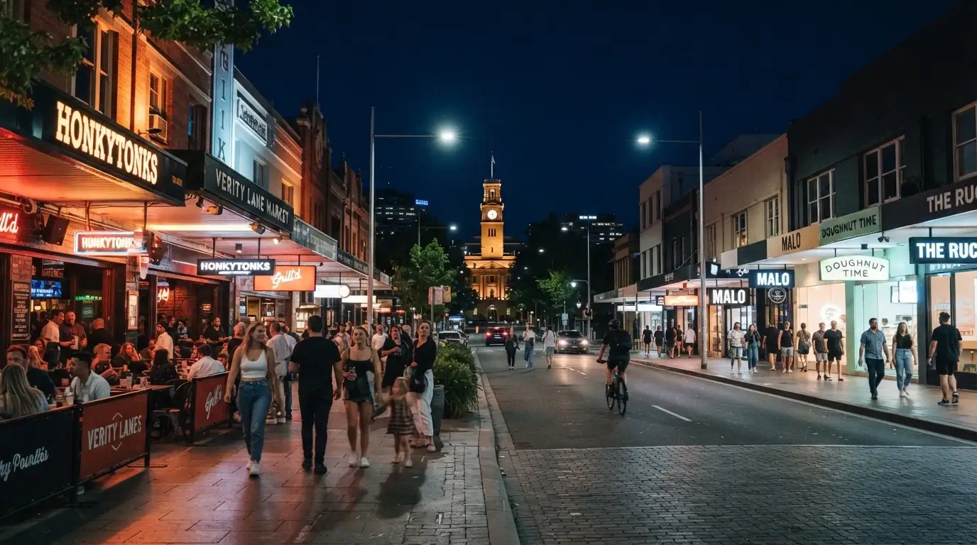 Canberra city centre at night with people walking past lit-up venues and restaurants