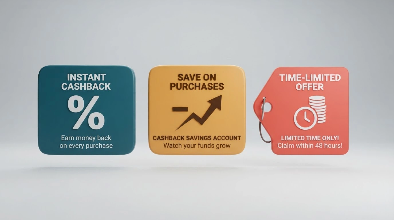 Three labelled columns comparing the three cashback structures visually — a flat-percentage icon, a loss-calculation diagram and a promotional-tag icon — each with a simplified return figure underneath